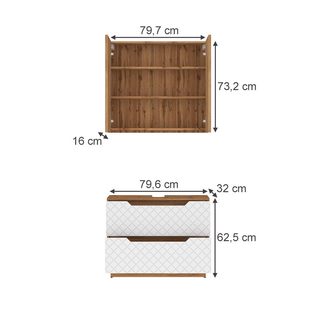 KOUPELNOVÝ NÁBYTEK Lotta Dub/bílá se strukturou dlaždic - bílá/barva dubu, kompozitní dřevo (79.6/62.5/32cm) - Vicco