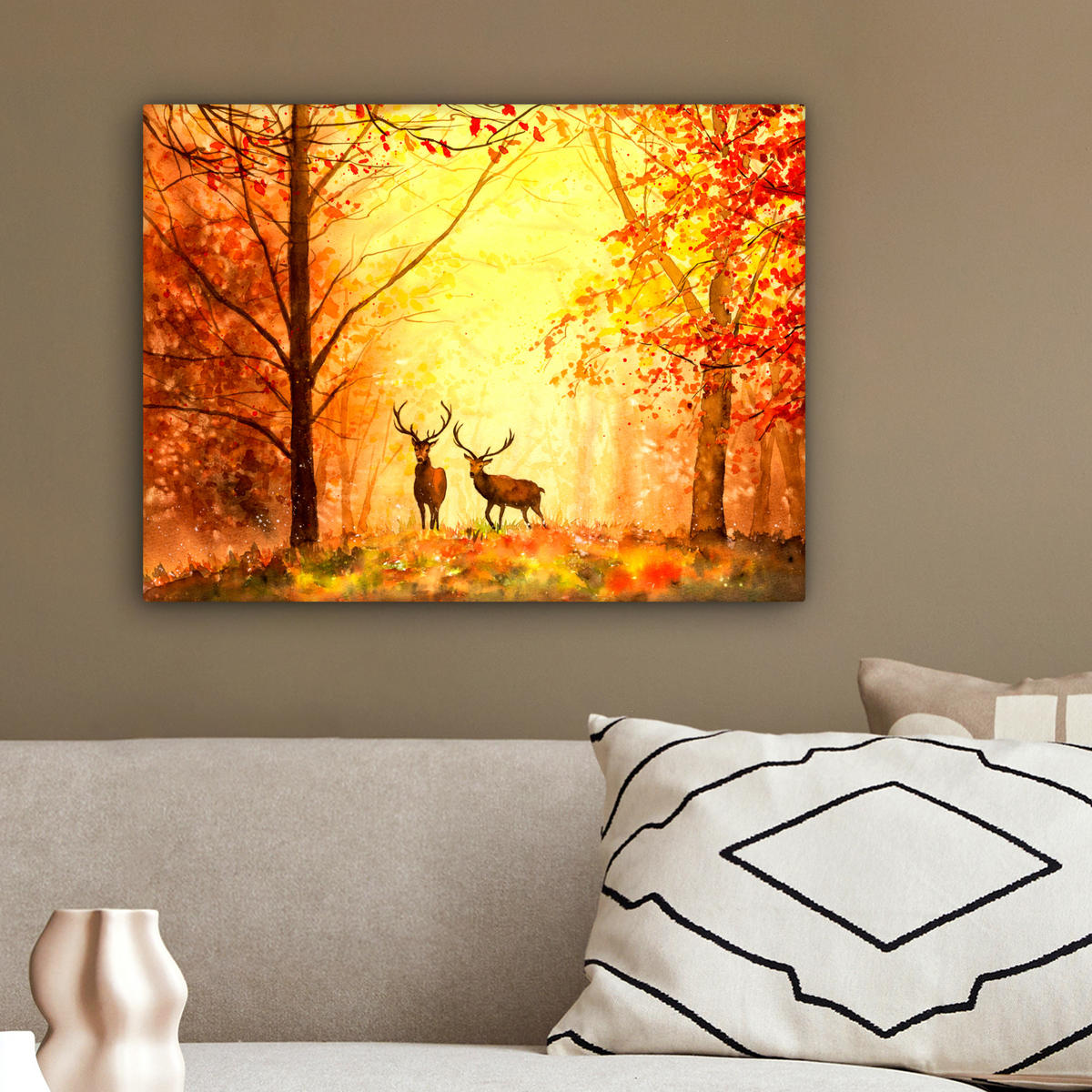 LEINWANDBILD Natur - Ölfarbe - Hirsche - Tiere - Herbst - Orange 40x30 cm - Orange, Textil (40/30cm) - MuchoWow