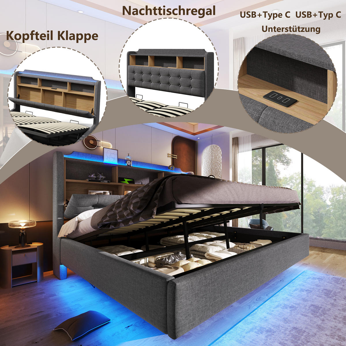 POLSTERBETT 180/200 cm in Grau mit Stauraum, LED, USB- und Type-C-Anschlüssen, Leinenbezug und schwebendem Design - Grau, Holzwerkstoff/Textil (180/200cm) - STILVORA