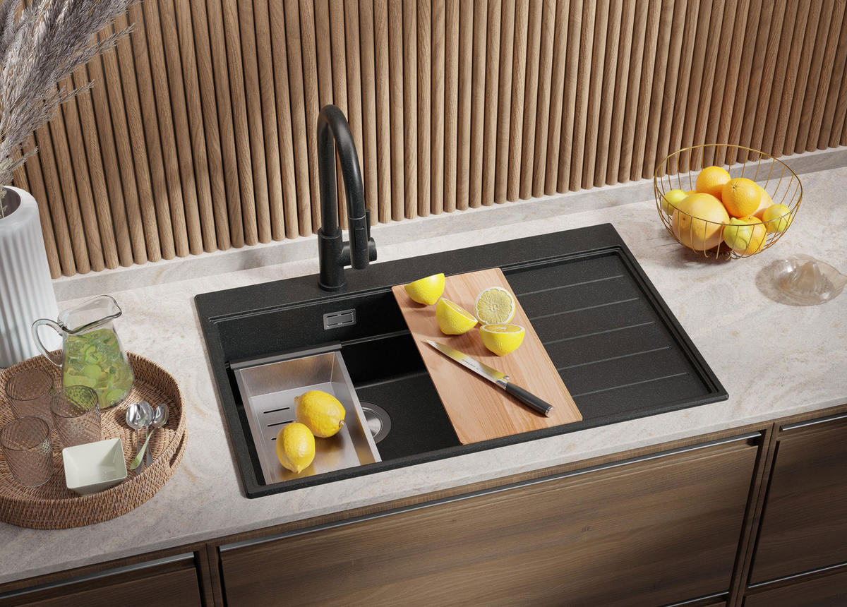 SPÜLBECKEN Sydney, 2-er set Anthrazit 78/50 cm 1 Becken + Ablauf-Set + Küchenzubehörset ab 50er Unterschrank - Chromfarben/Anthrazit, Kunststoff (78/20/50cm) - Primagran