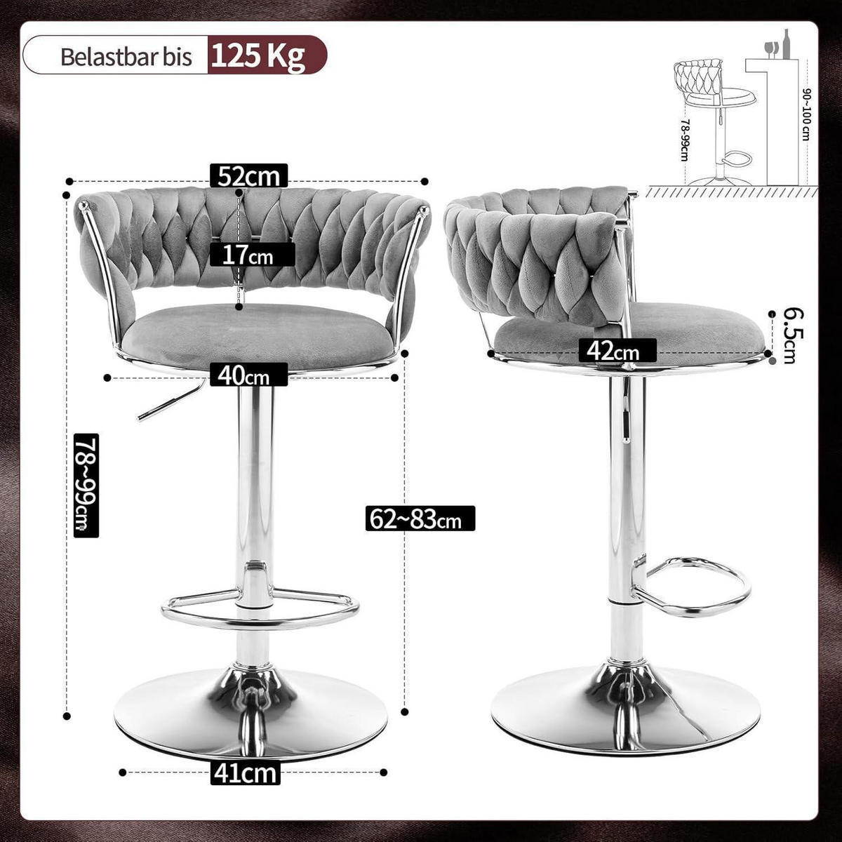 BARHOCKER 2er Set Samt Dunkelgrau Höhenverstellbar - Grau, Textil (48/78/51cm)