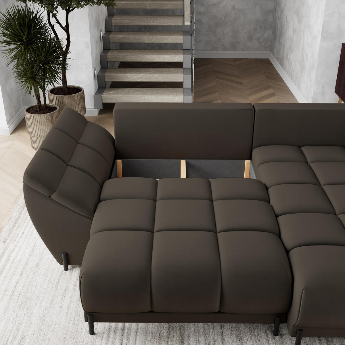 ECKSOFA VESTANO R-S Braun Velours-Stoff mit Schlaffunktion - Braun, Holz (287/182cm) - MASSENO