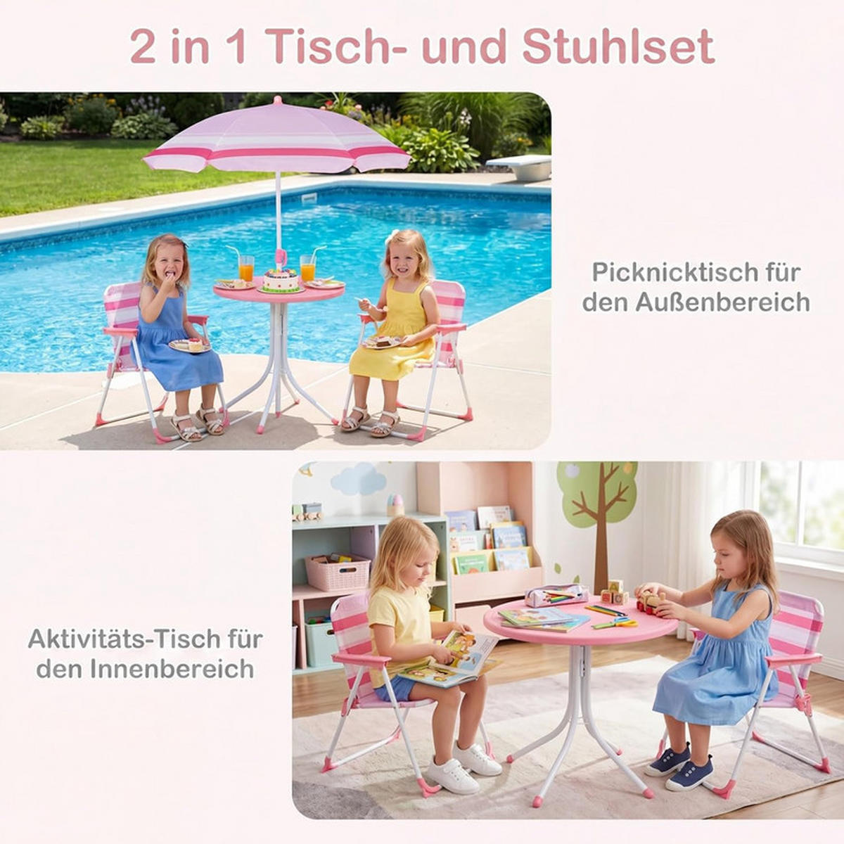 KINDER-SITZGRUPPE mit Sonnenschirm rosa(4-tlg) - Pink, Metall - COSTWAY