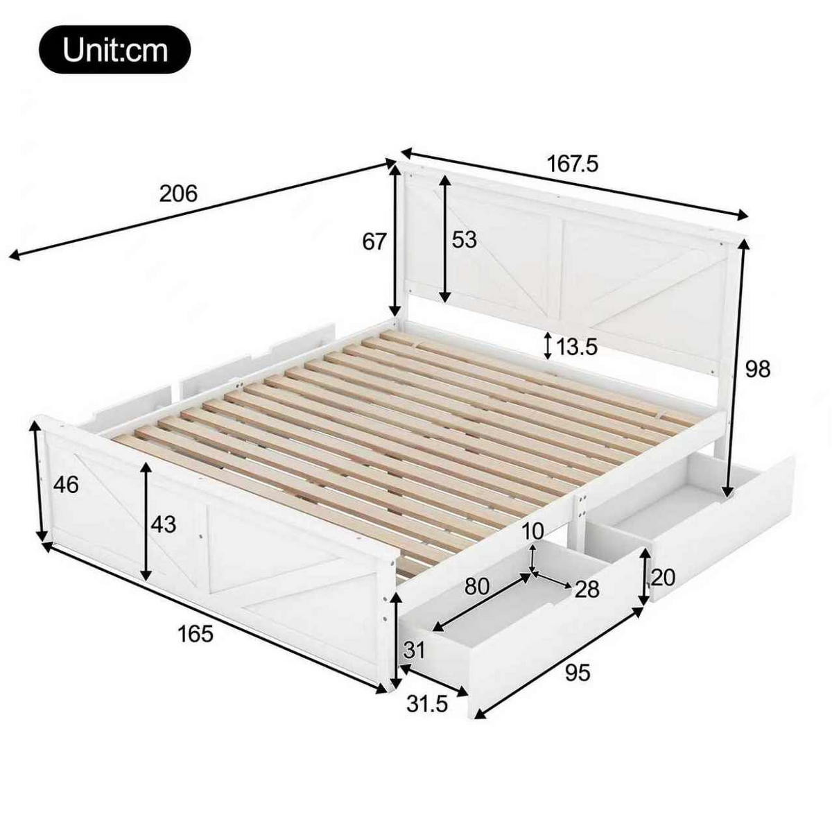KREVET 160/200 cm s četiri ladice i uzglavljem, stabilna drvena konstrukcija, Bijela - bijela, drvo (160/200cm) - Redom