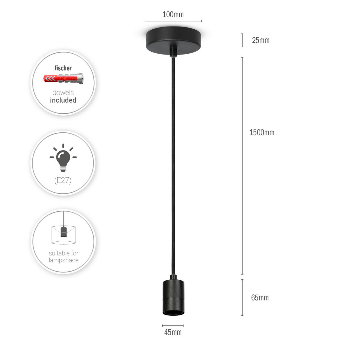 PENDELLEUCHTE Hugo - Schwarz, Metall (4.4/4.4/6.5cm) - Paco Home