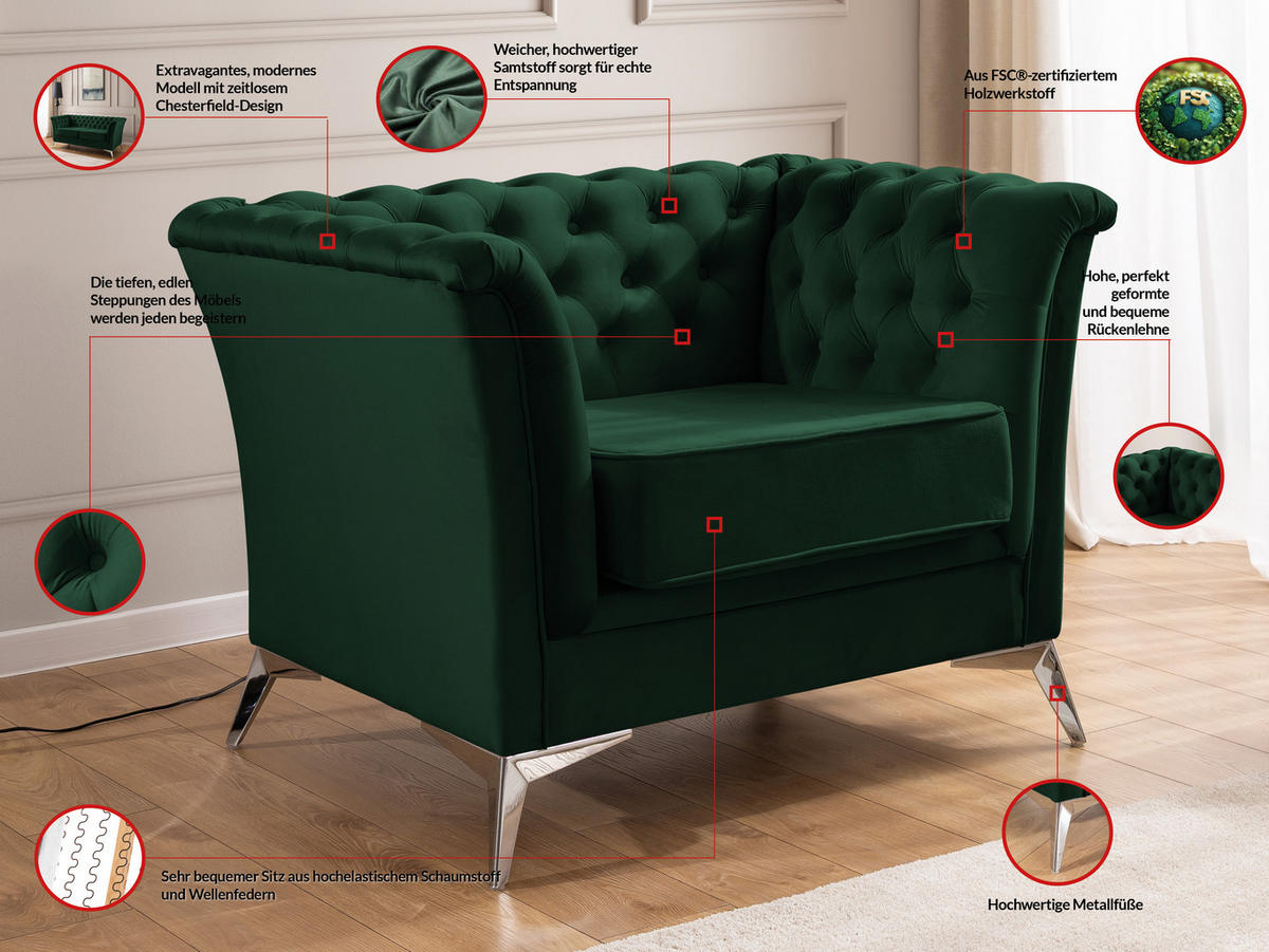 CHESTERFIELD-SESSEL Whitby Flaschengrün Samt mit silbernen Füßen - Dunkelgrün/Silberfarben, Holz/Textil (116/78/82cm) - S-Style Möbel