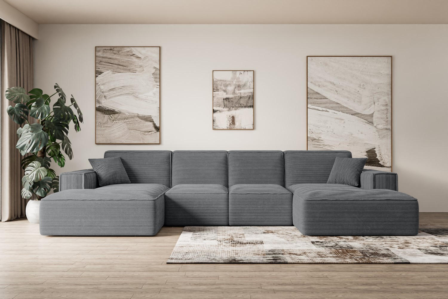 WOHNLANDSCHAFT SIERRA-U - 344x165x73 cm Dunkelgrau Cord - Dunkelgrau/Schwarz, Holzwerkstoff/Kunststoff (344/73/165cm) - ALTDECOR