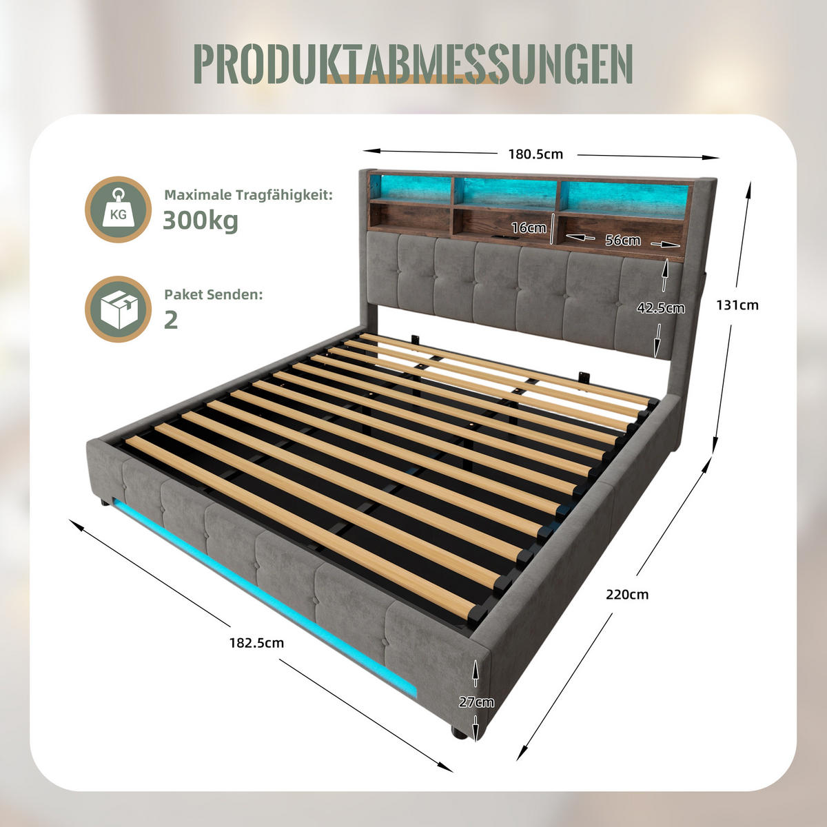 POLSTERBETT 180/200 cm Dunkelgrau mit 6 Fächer, Seitentaschen, USB-C und LED - Dunkelgrau, Textil (180/200cm) - Oxeza
