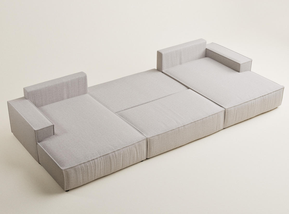 WOHNLANDSCHAFT Kyoto Hellbeige Webstoff - Beige/Schwarz, Holz/Holzwerkstoff (398/70/148cm) - Maison de Reve