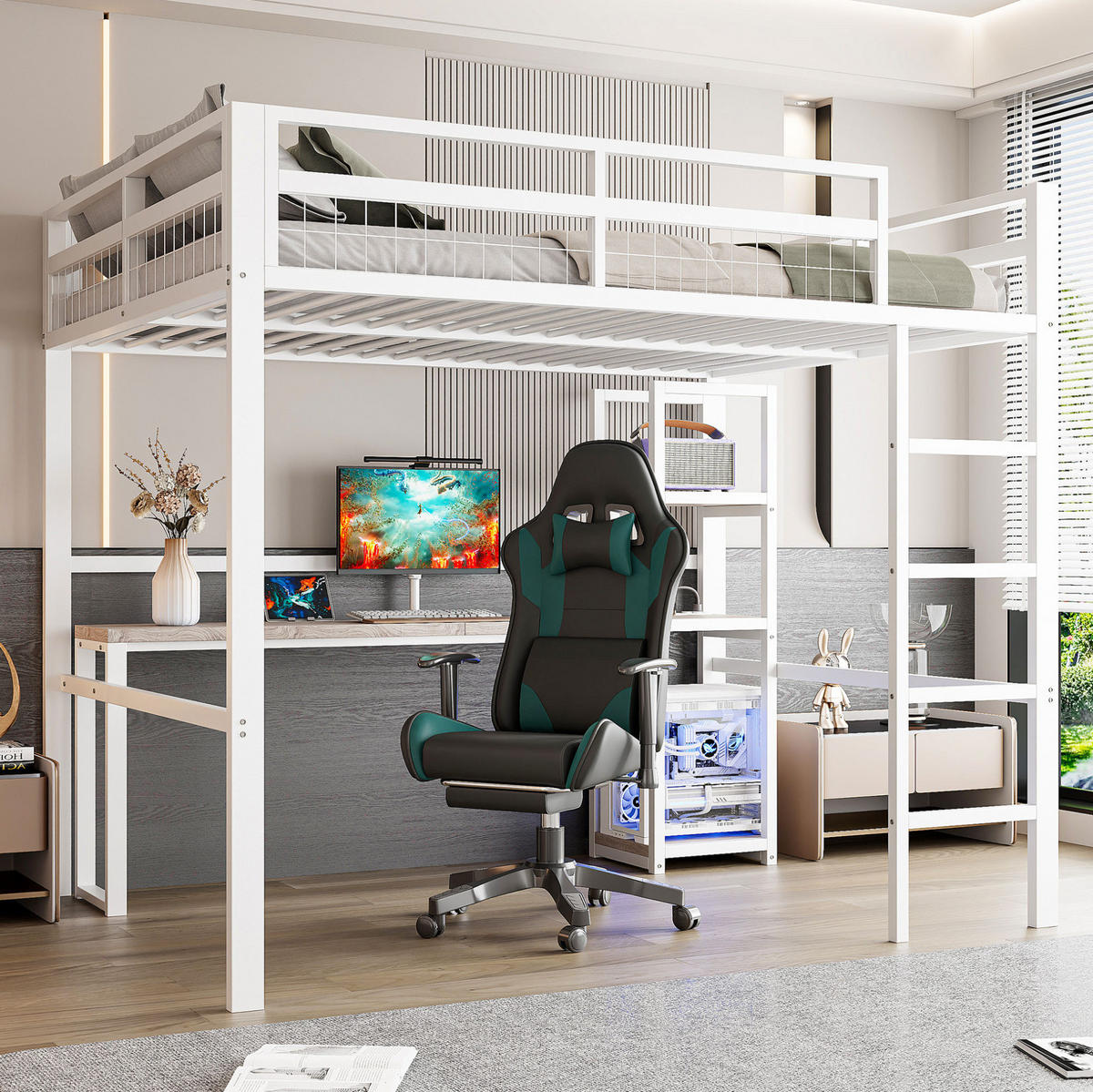 HOCHBETT 140/200 cm Weiß mit Schreibtisch und USB- sowie Type-C-Anschlüssen aus Eisenrahmen - Weiß, Metall (140/200cm) - OKWISH