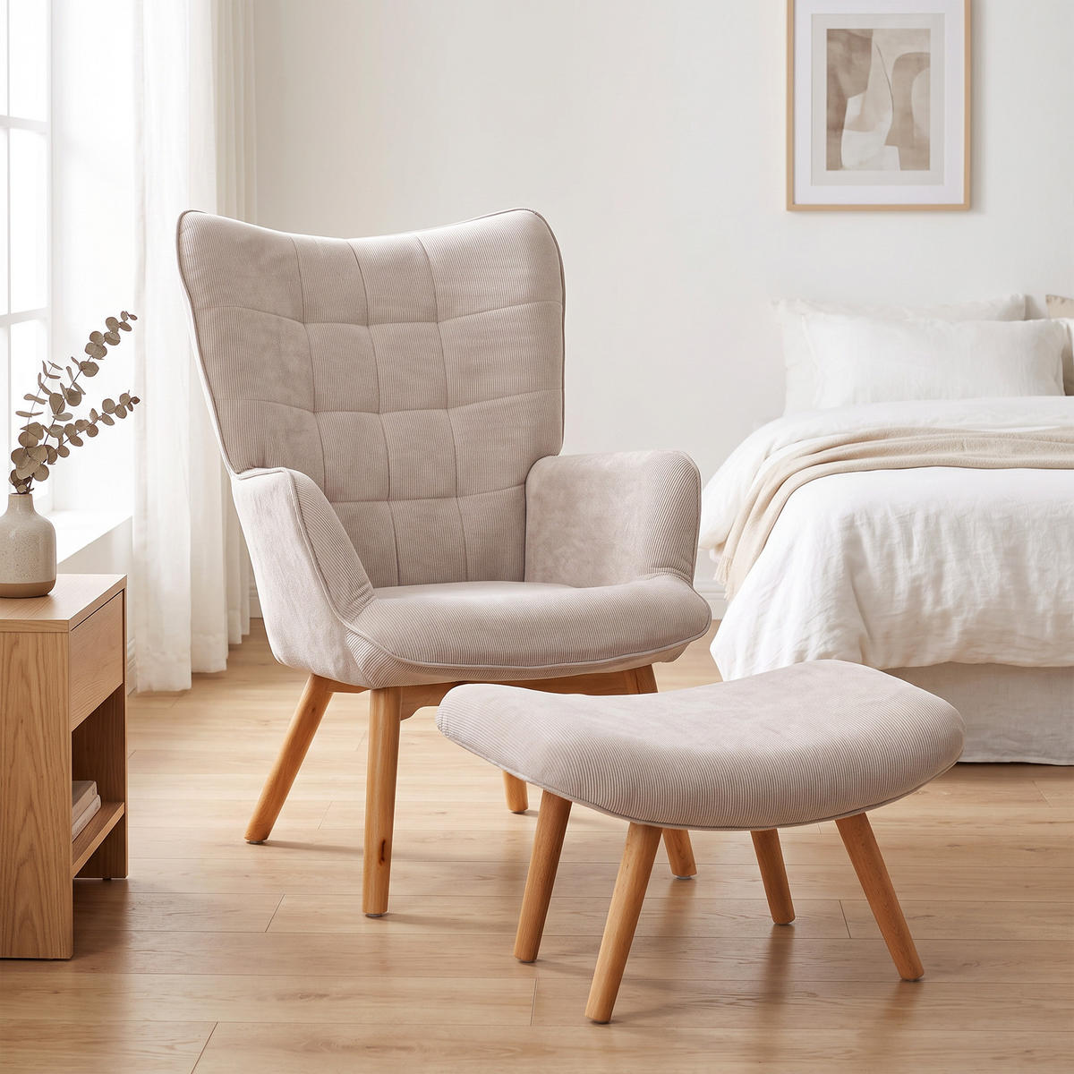 ÖRONLAPPSFÅTÖLJ med pall, relaxfåtölj, stoppad fåtölj i manchester-look, med träben - Naturfärgad/Beige, Bokträ/Textil (80/101/72cm) - HOMCOM