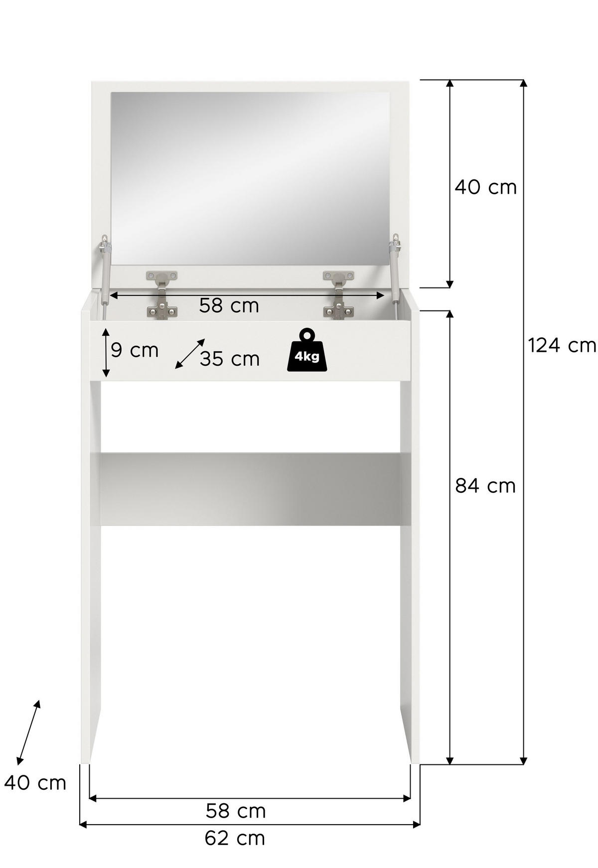 SCHMINKTISCH Make Up weiß 62/40/84 cm - Weiß, Holzwerkstoff (62/84/40cm) - Xonox