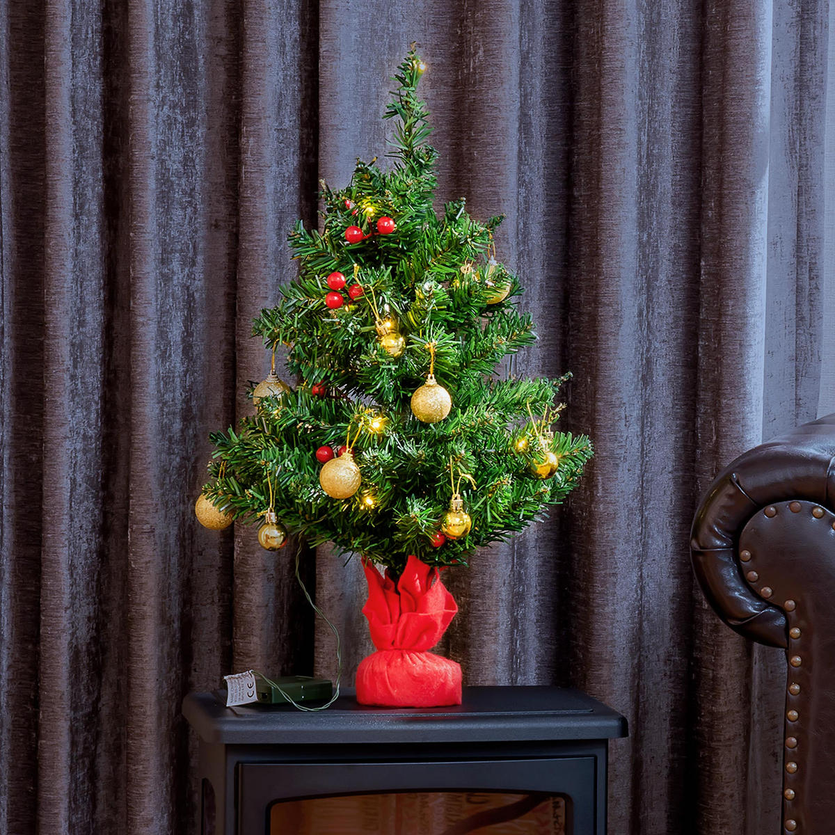 WEIHNACHTSBAUM mit Stechpalmenbeeren, Kugeln und LED-Lichtern Christbaum Grün - Grün, Kunststoff (60cm) - HOMCOM
