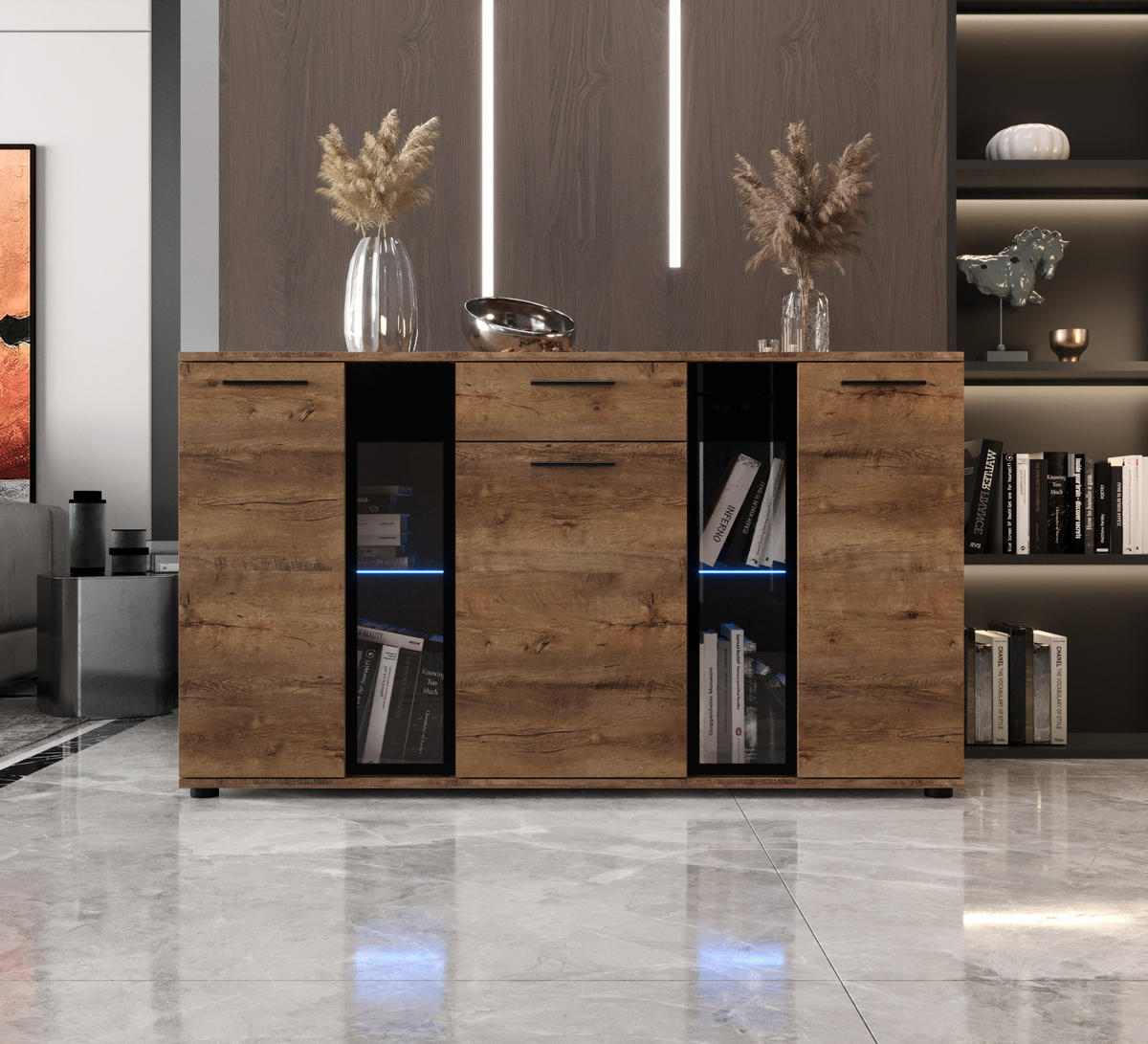 KOMMODE London LSK mit 3 Türen, Sideboard in Farbe: Braun, Größe: 140 x 80 x 40 cm - Braun, Holzwerkstoff (140/80/40cm) - O-Sofa