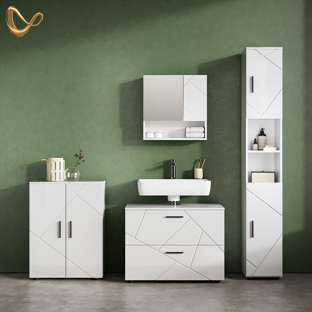 BADMÖBEL-SET Ronco Weiß Hochglanz 4 Teile, mit Schubladenschrank und Midischrank - Weiß Hochglanz/Weiß, Holzwerkstoff (80/58/41cm) - Livinity®
