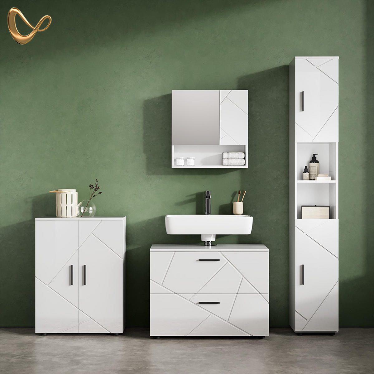 BADMÖBEL-SET Ronco Weiß Hochglanz 4 Teile, mit Schubladenschrank und Midischrank - Weiß Hochglanz/Weiß, Holzwerkstoff (80/58/41cm) - Livinity®