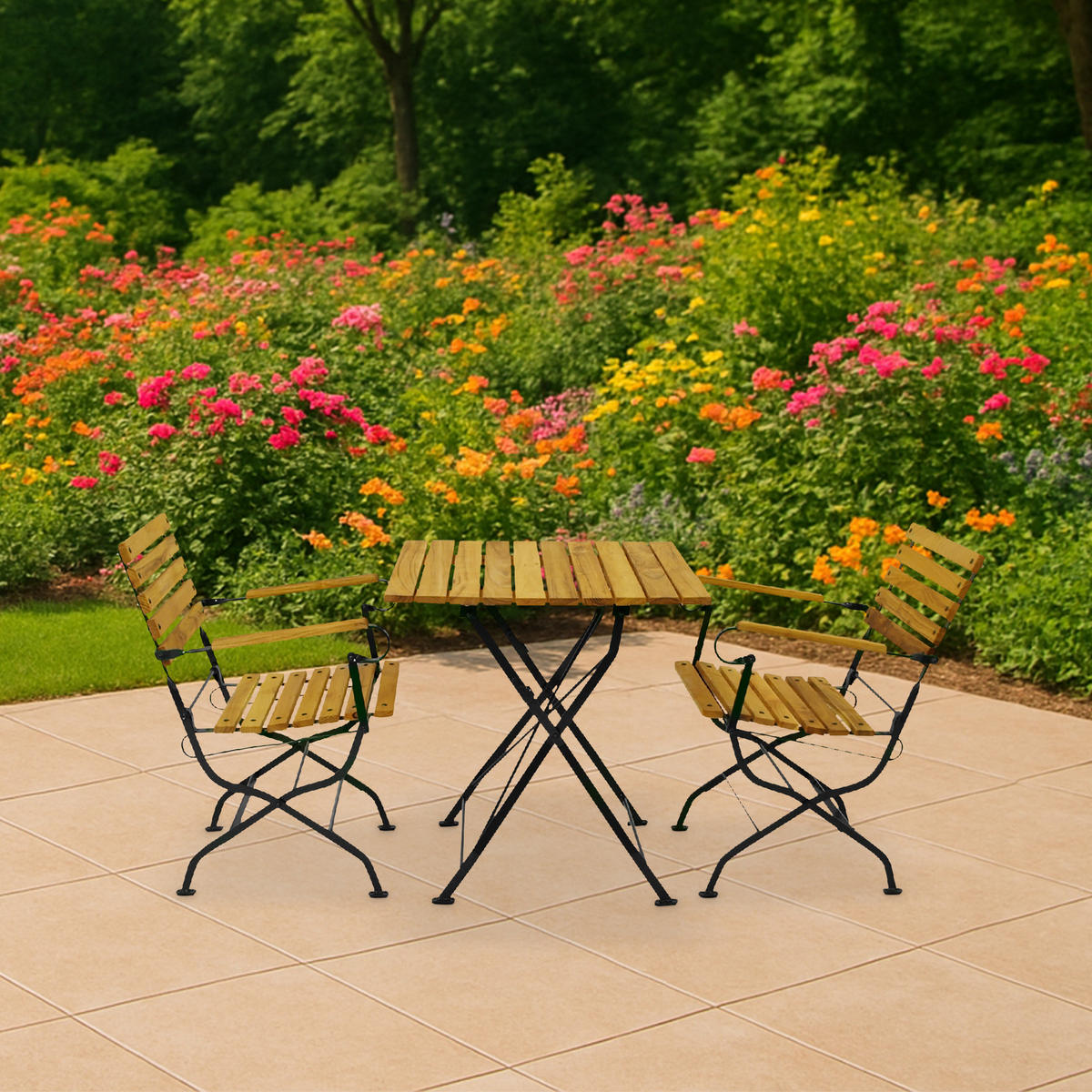 SITZGRUPPE Bad Belzig - 3-teilig, Gartenmöbel Set Flachstahl verzinkt dunkelgrün + Robinie - Grün, Holz - TPFGarden