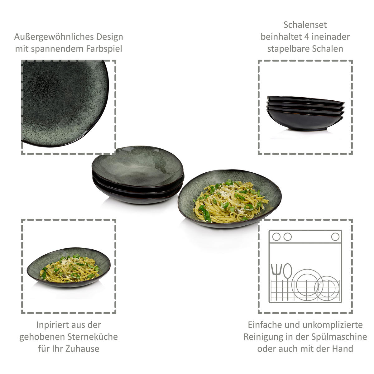 PASTATELLER SET KOPENHAGEN - 4 teilig aus Steingut - Dunkelgrün, Keramik (24cm) - Sänger