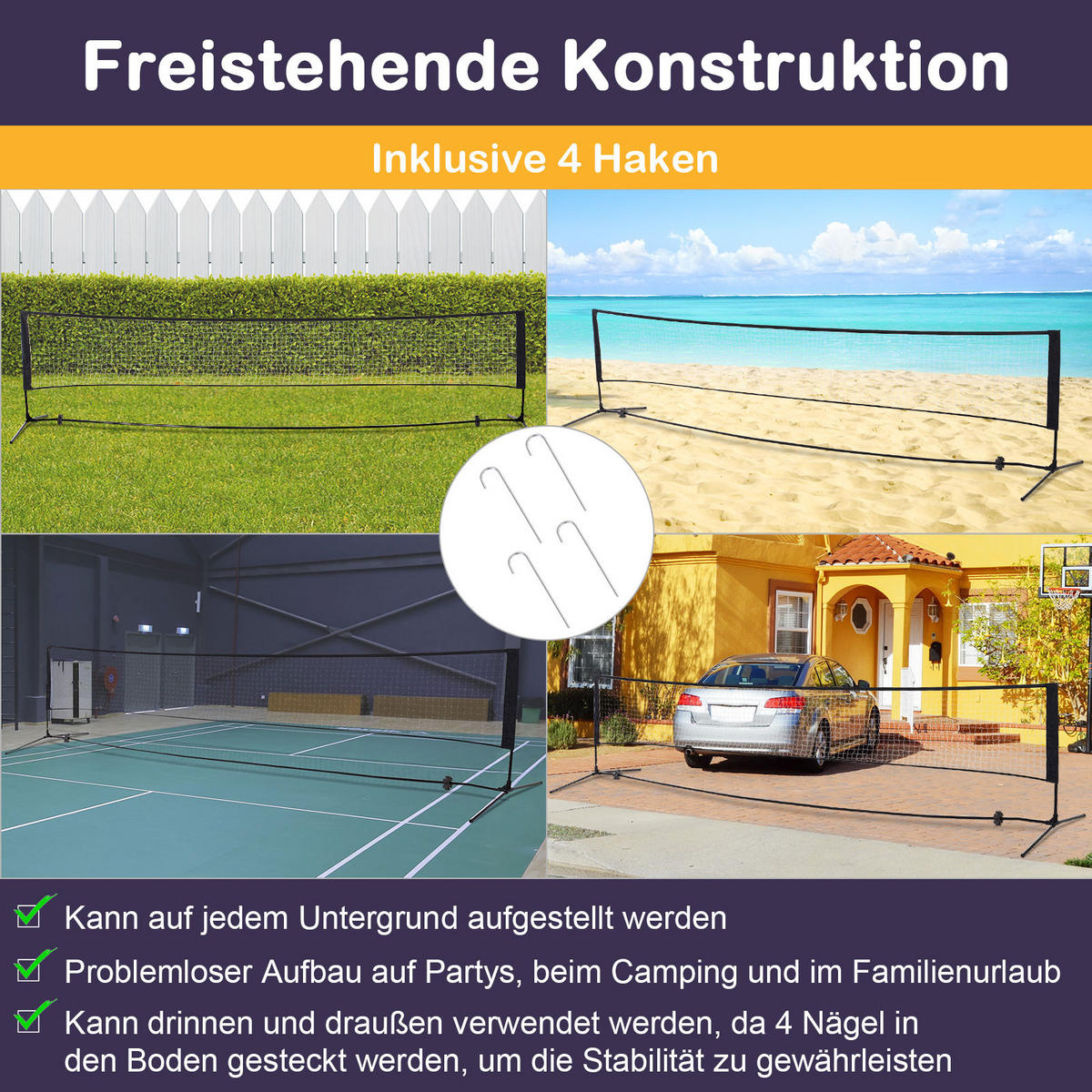 BADMINTONNETZ, PE-Netz, Schwarz, B400 x T103 cm x H94-158 cm - Schwarz, Metall (103/400cm) - HOMCOM