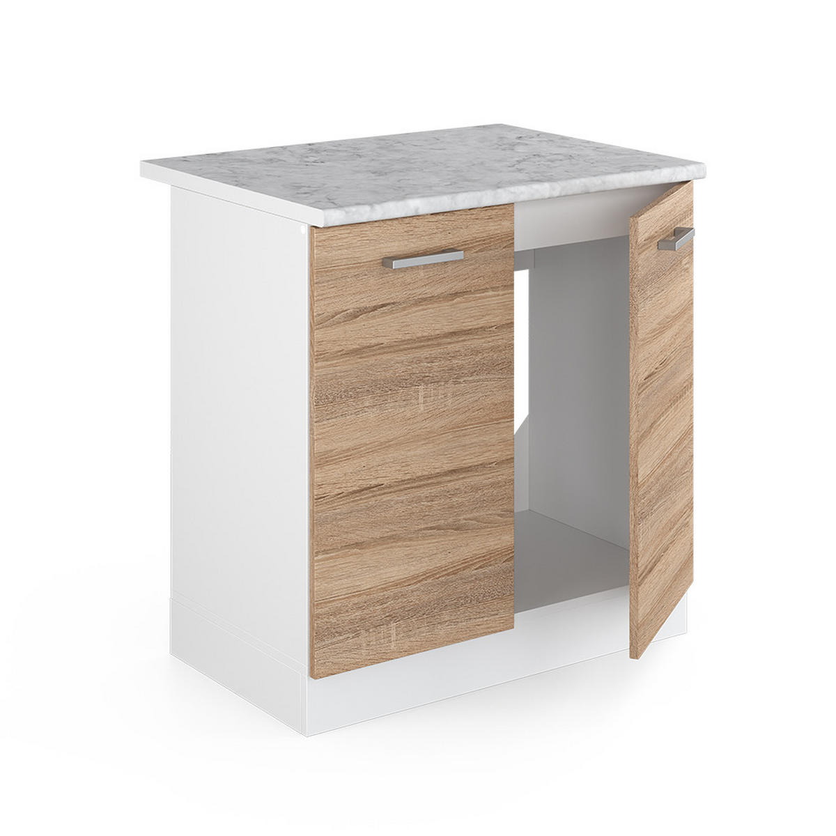 SPÜLENUNTERSCHRANK R-Line Sonoma 80 cm, AP Marmor - Weiß/Sonoma Eiche, Holzwerkstoff (80/81.6/60cm) - Vicco