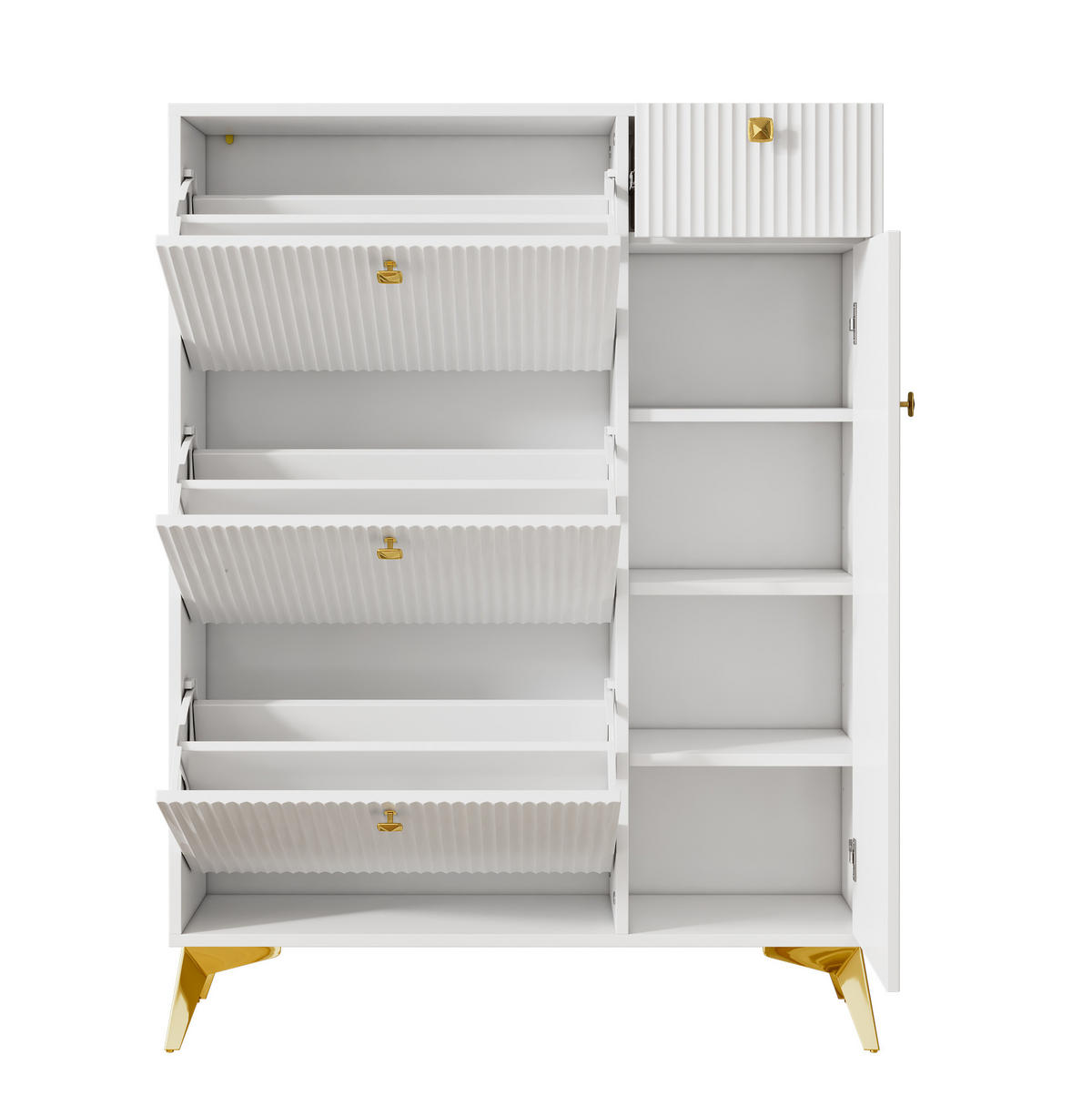 SCHUHSCHRANK 90/25/121 cm mit 3 Klappen, 1 Schublade und 1 Tür in Weiß - Weiß, Holzwerkstoff (90/121/25cm) - BEAOK