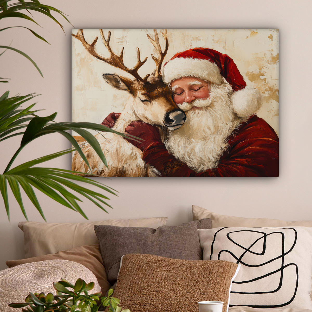 LEINWANDBILD Weihnachtsmann - Rentier - Weihnachten Wandbilder 80x60 cm - Rotbraun, Textil (80/60cm) - MuchoWow