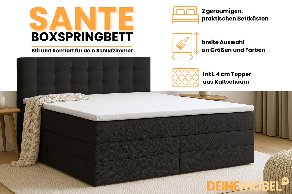 BOXSPRINGBETT SANTE 180/200 in Stoff Schwarz - Schwarz, Holz/Holzwerkstoff (180/200cm) - Deine Möbel 24