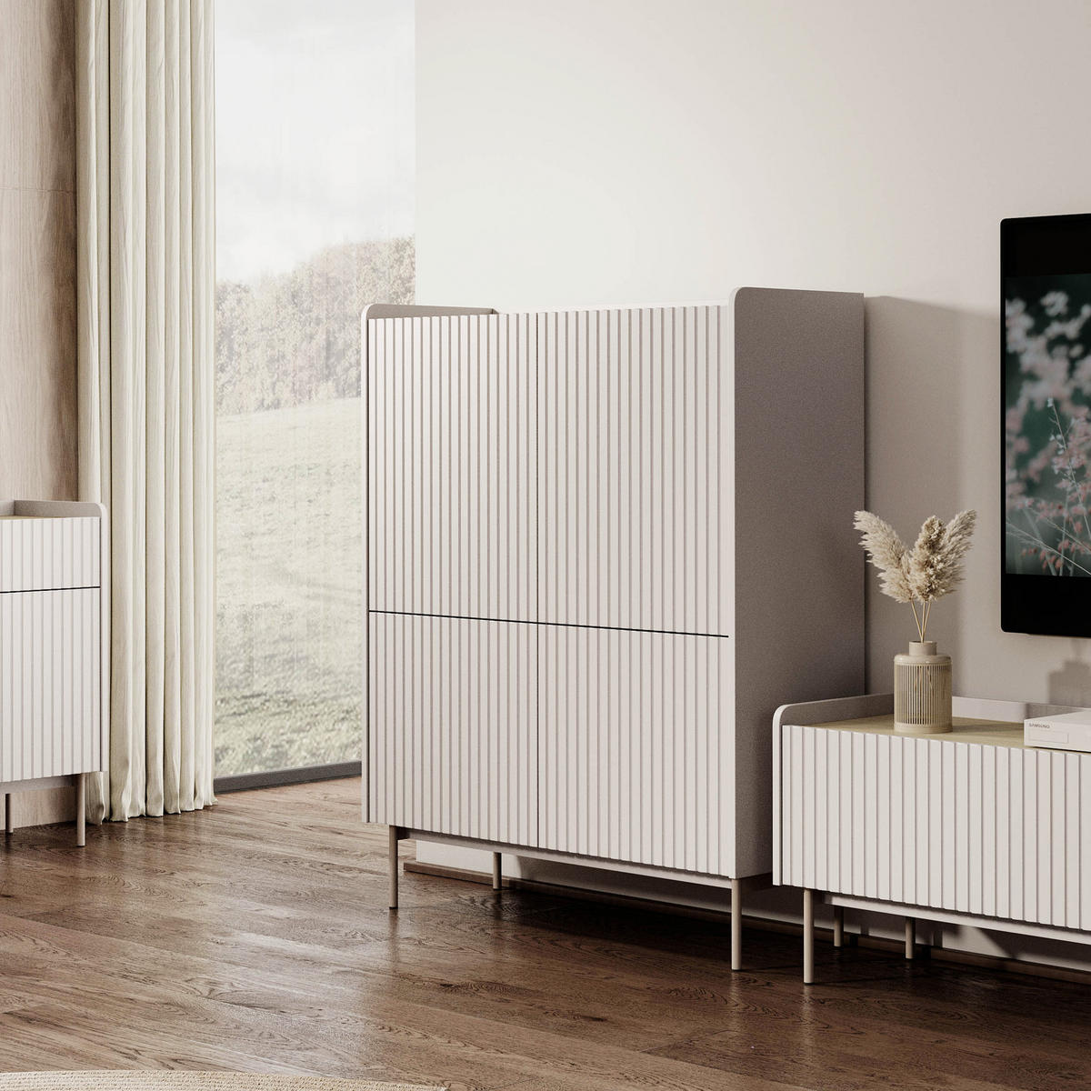HIGHBOARD LIVELLO 103/126/38 cm mit 2 Türen Beige - Beige, Holzwerkstoff (103/126/38cm) - MASSENO