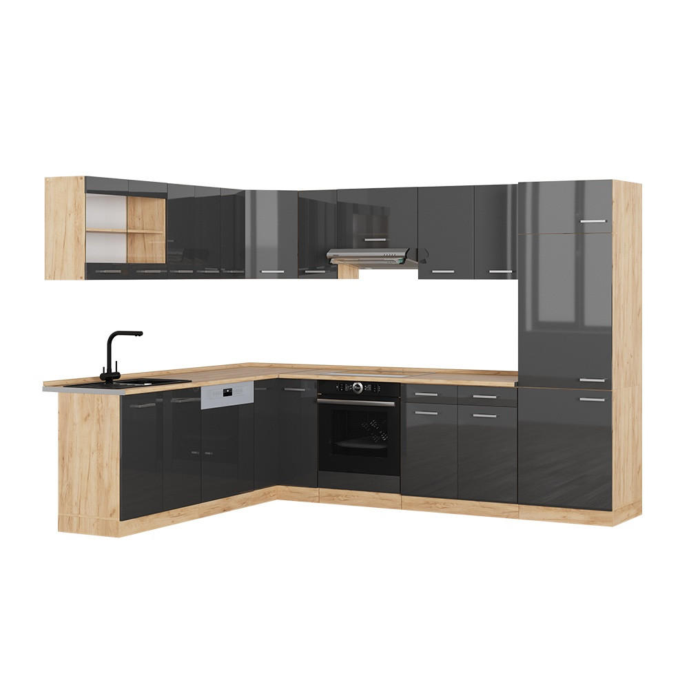 KOTNA KUHINJA R-Line, Antracit z visokim sijajem/Zlati hrast z močjo, 287 x 227 cm brez delovne plošče - črna/medeni hrast, leseni material (287/206.8/46cm) - Vicco