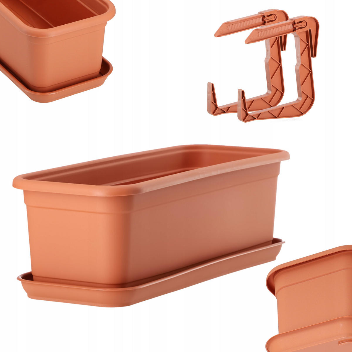 BALKONKASTEN mit Untersetzer und Griffen 40 cm, Terrakotta - Terracotta, Kunststoff (15/40cm) - KADAX