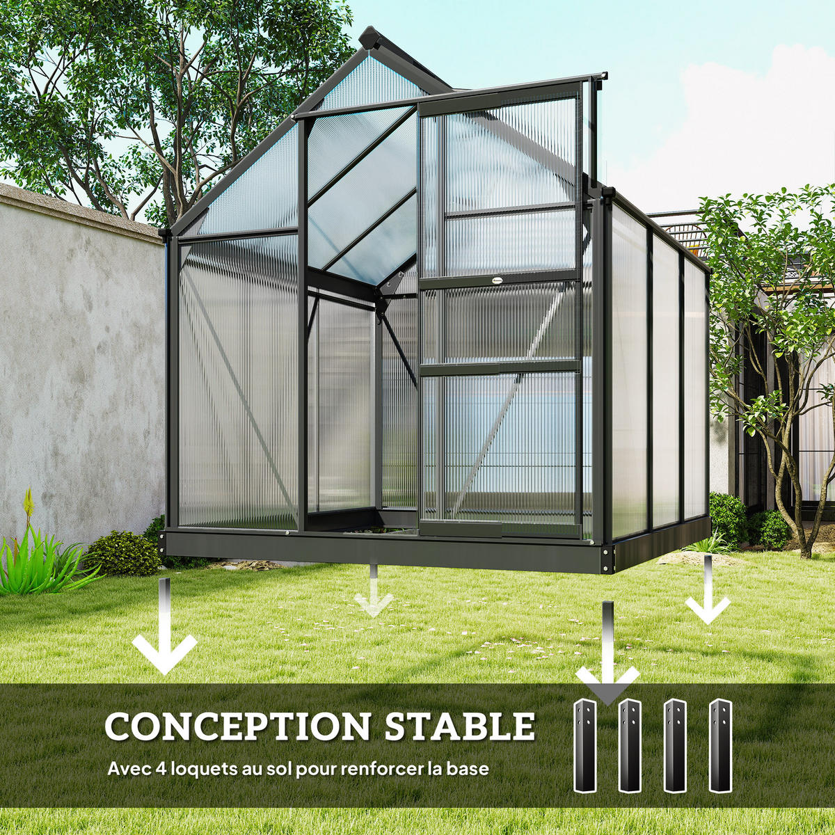 GEWÄCHSHAUS DE-11969 3,65 m² Polycarbonat mit Dachluke & Regenrinne Grau - Grau, Metall (487.68/510.54/482.6cm) - ComfortXL