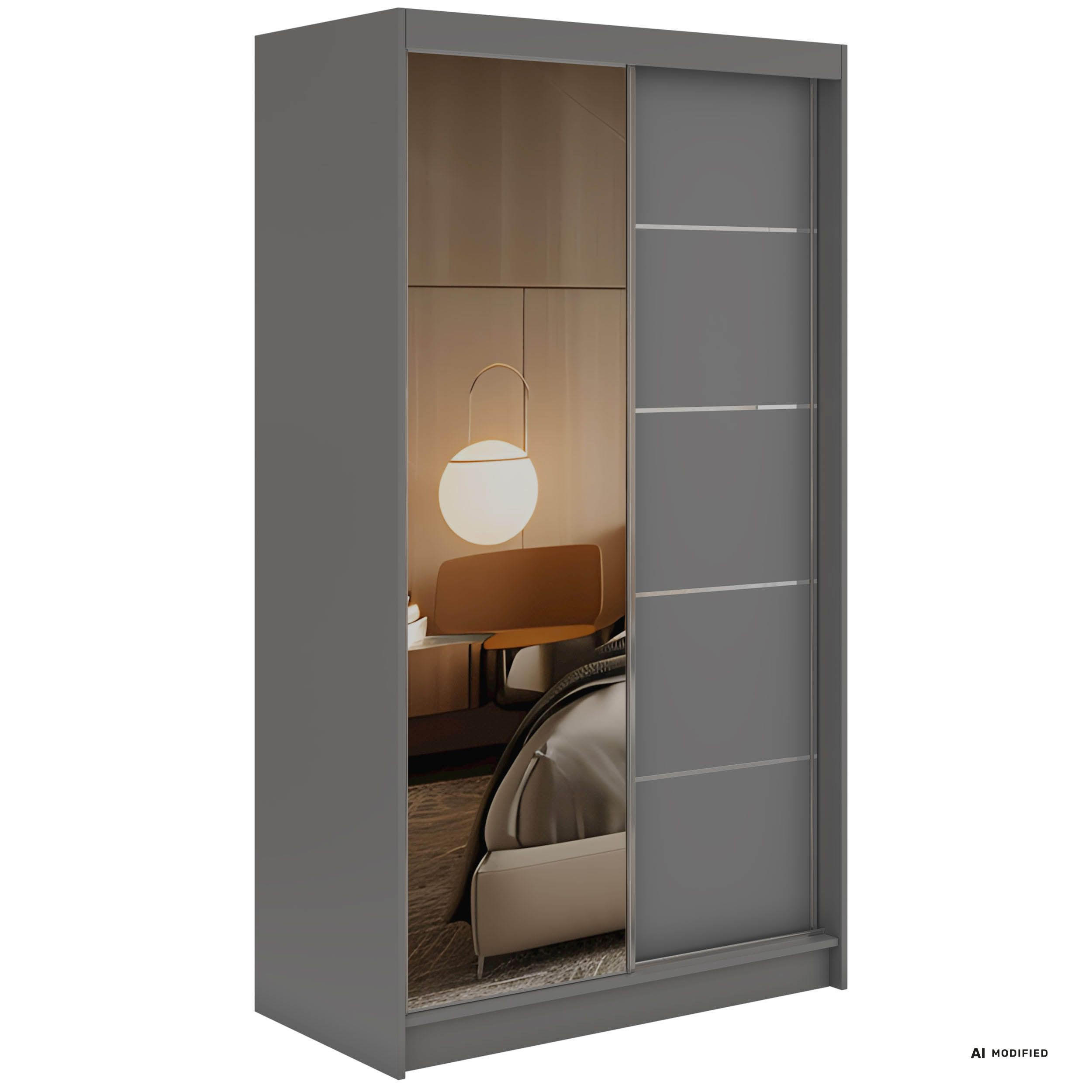 SCHWEBETÜRENSCHRANK mit Schubladen 120 - SKORIA - Grau mit Spiegel - Alufarben/Grau, Holzwerkstoff/Metall (120/216/61cm) - MKS