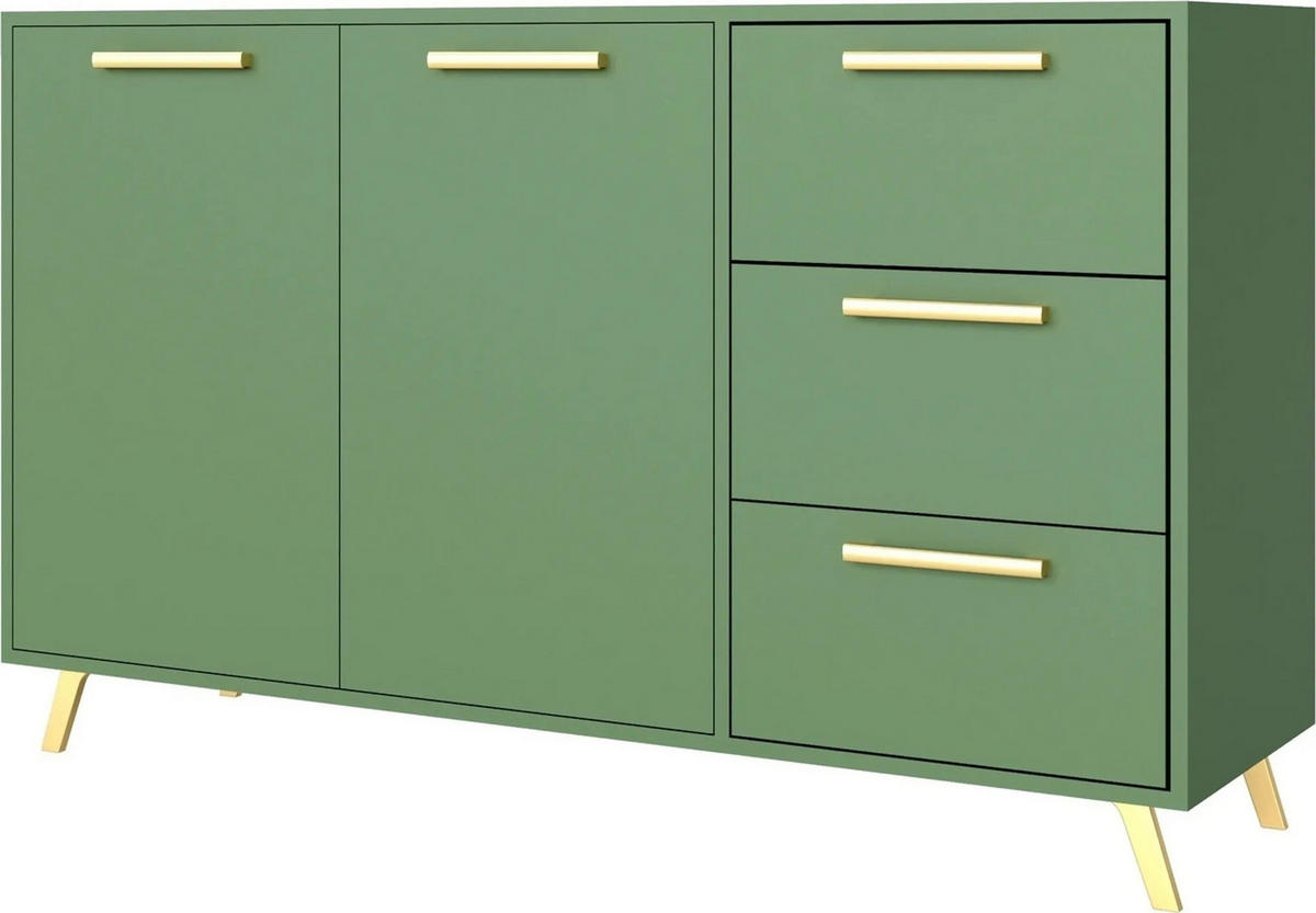 KOMMODE Nancy mit 3 Schubladen und 2 Türen, Sideboard in Farbe:Grün, Schrank in Größe: 140 x 86 x 41 cm - Grün, Holzwerkstoff (140/86/41cm) - Agmat-Furniture