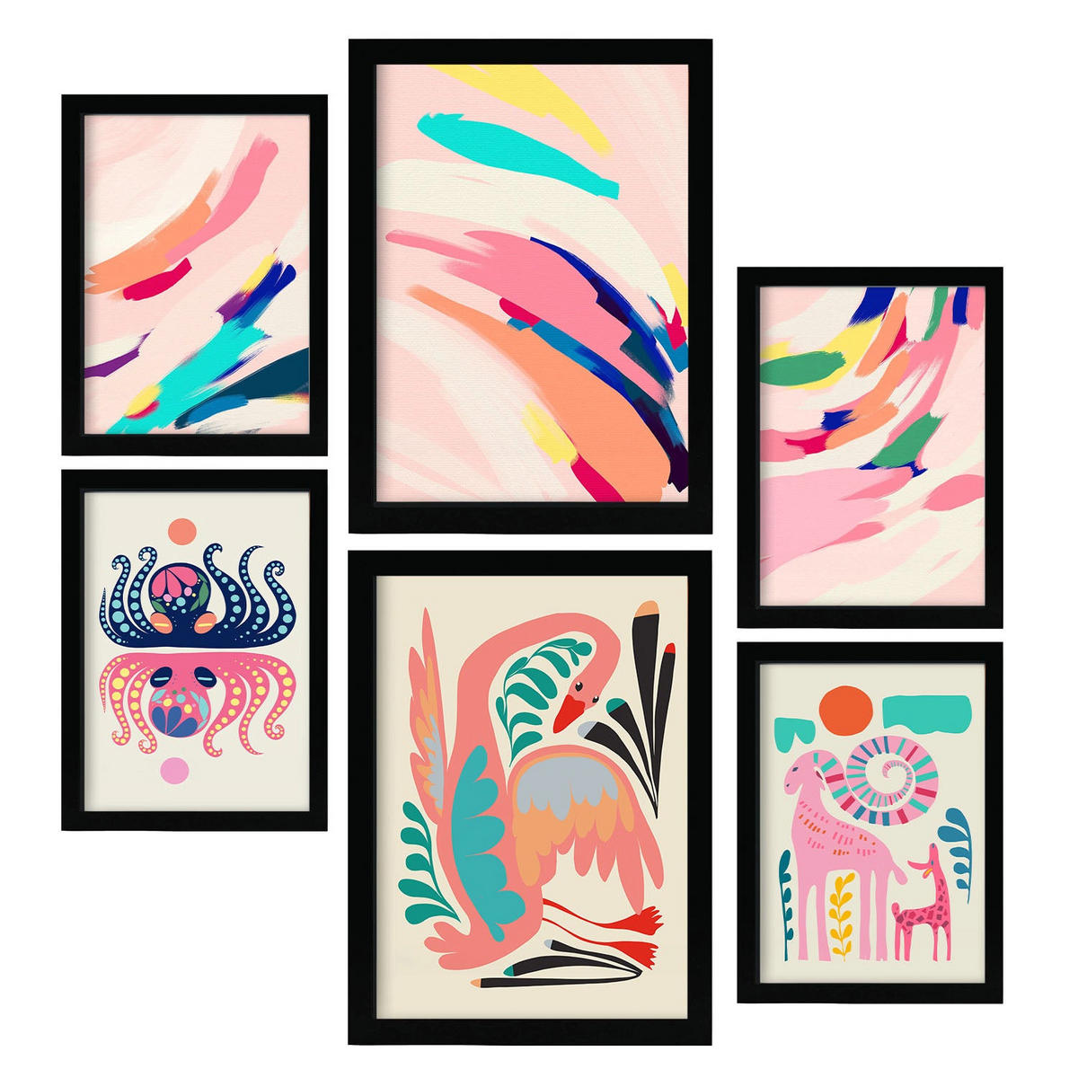 POSTER Set Mit 6 Prominente Kunst 1 In Tiere Zusammenfassungen A3 & A4 Schwarzer Rahmen - Schwarz, Papier (29/3cm) - Nacnic