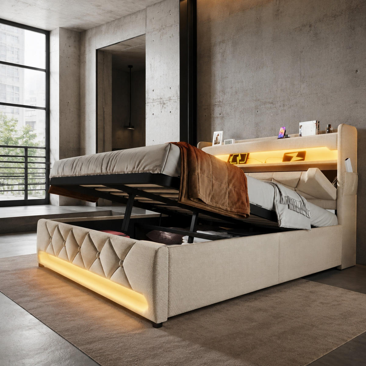 POLSTERBETT 160/200 mit Bettkasten, LED, USB/Typ-C und 360°-Beleuchtung in Beige - Beige, Holzwerkstoff/Textil (160/200cm) - EVRYAE