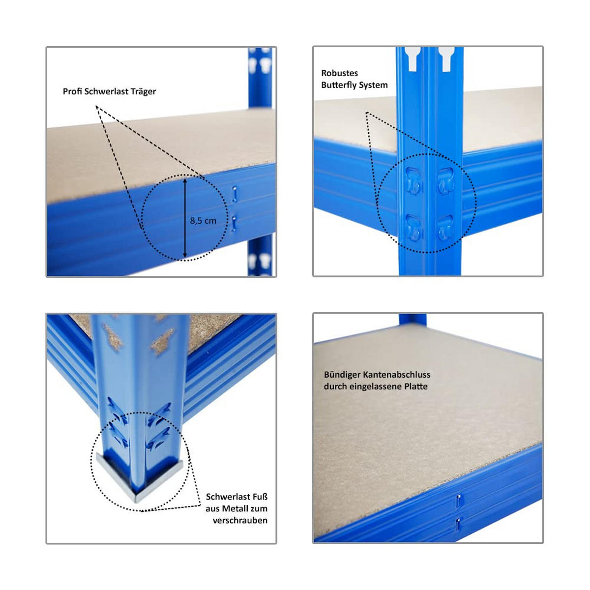 SCHWERLASTREGAL Rhino 180x200x60 cm 4 Spanplatten-Ebenen 8mm Fachlast 500 kg Blau - Blau, Metall (200/180/60cm) - PROREGAL