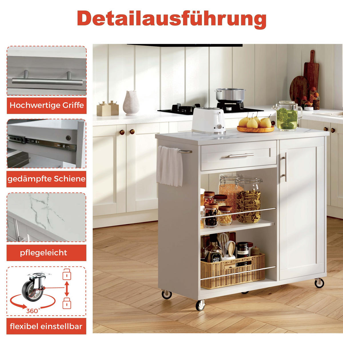 KÜCHENWAGEN mit Marmor-Optik 90 x 62 x 90 cm Weiß - Weiß, Holz (40/89.5/96cm) - Beauniv