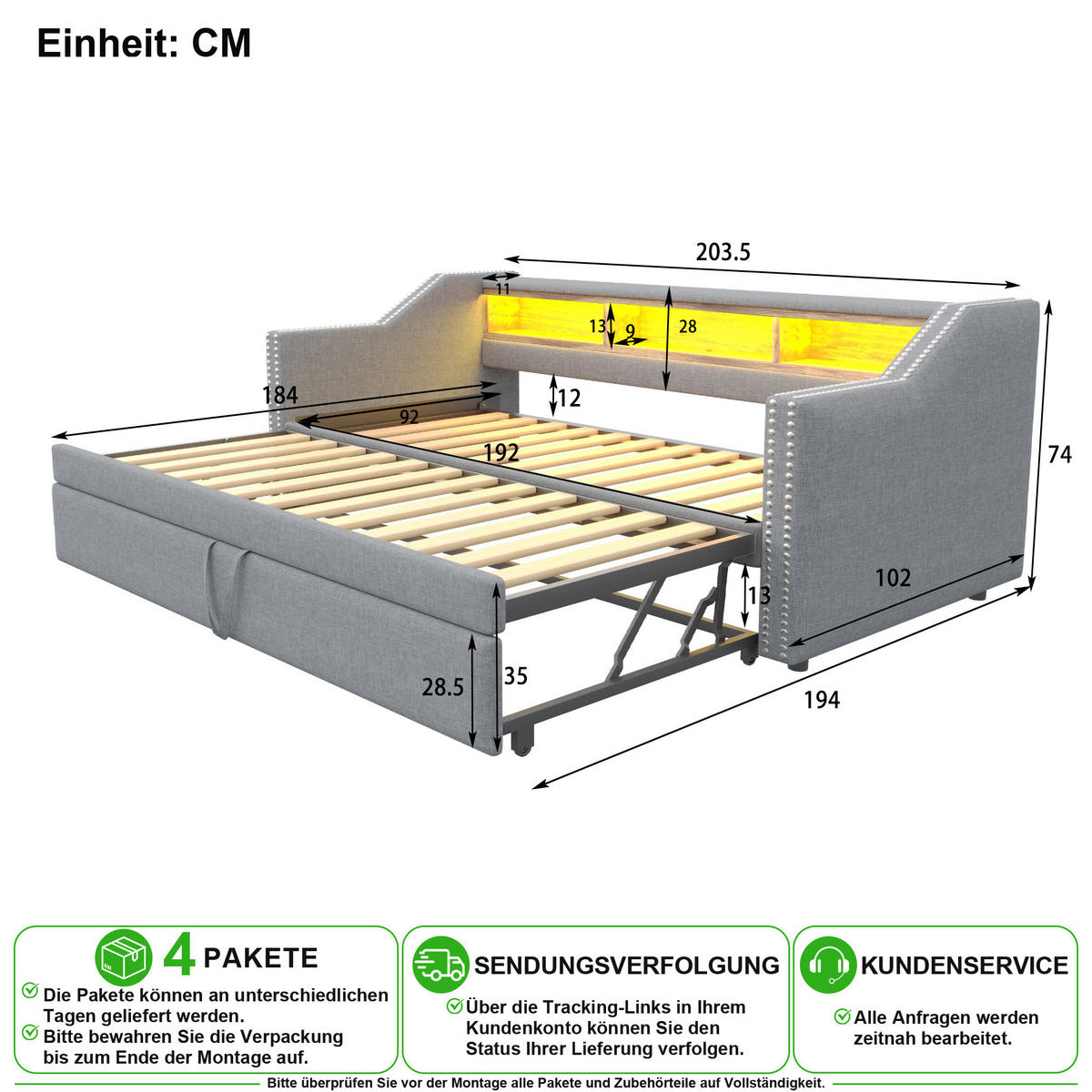 SCHLAFSOFA 90/190 cm & 180/190 cm in Hellgrau mit Ausziehbett, LED, USB und 3 Ablagen - Hellgrau, Holzwerkstoff/Textil (90/190cm) - CHICFURN
