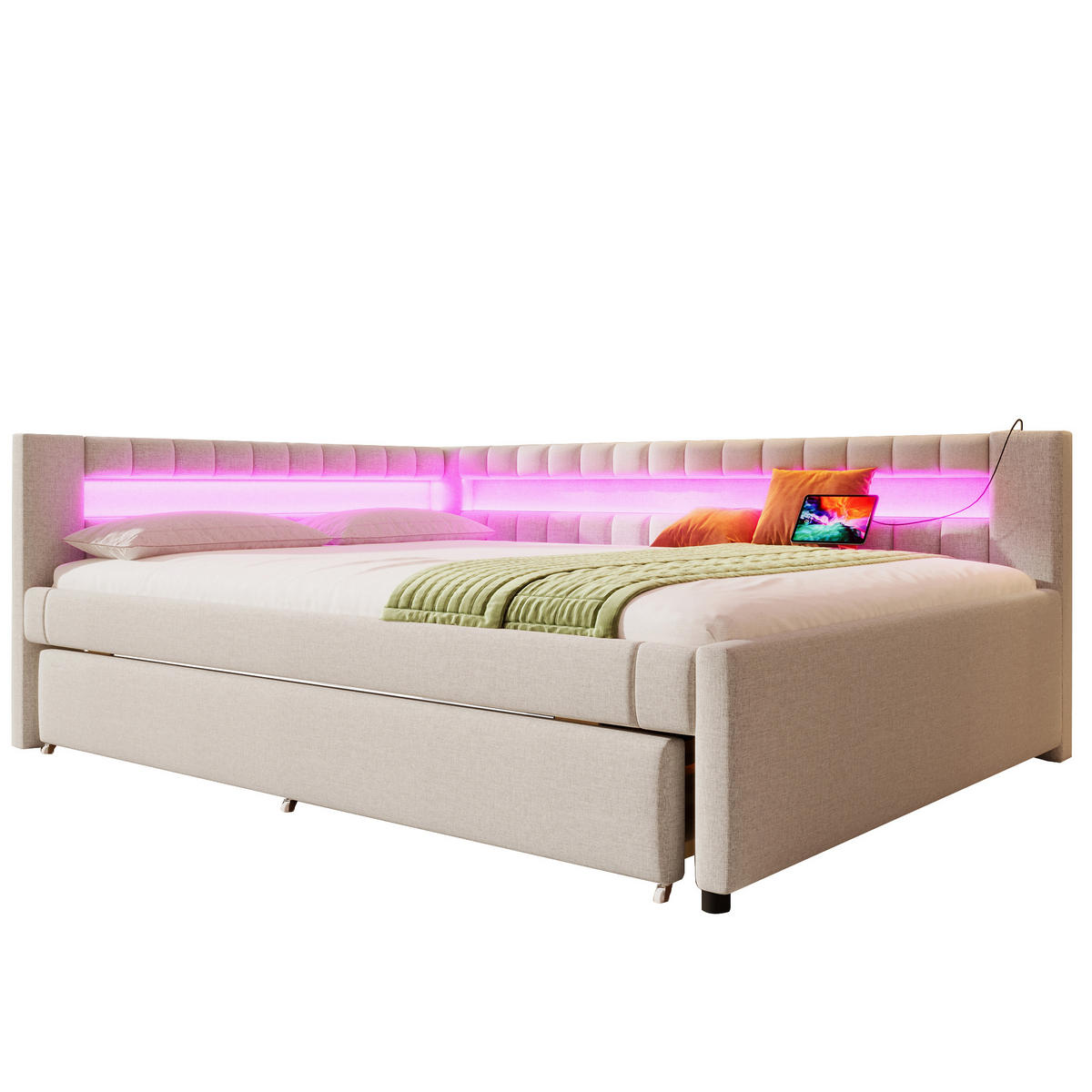 TAGEBETT 140x200cm Beige LED-Licht Ausziehbett USB Leinen - Beige, Holz (140/200cm) - FLIEKS