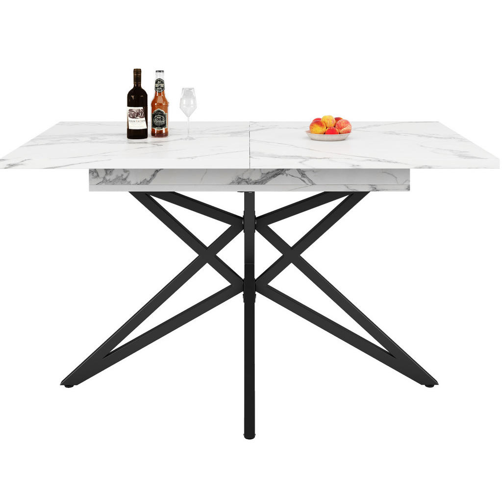 Modfu JÍDELNÍ stůl z MDF a kovu 120/160x80x76 cm bílý rozkládací s mramorovým dekorem a kovovou podnoží