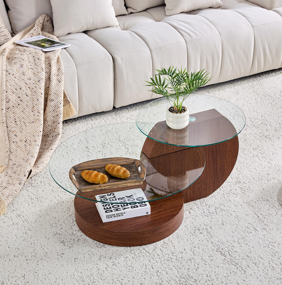 COUCHTISCH 70/70/44 cm mit mehrstufigen Ablagen und Sicherheitsglasplatte in Walnussoptik, Transparent/Walnuss - Walnussfarben, Holzwerkstoff (70/70/44cm) - Redom