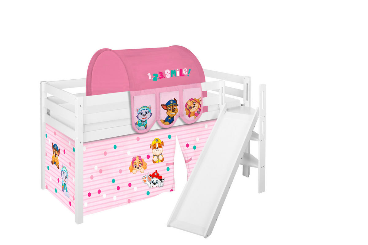 HOCHBETT JELLE Paw Patrol rosa mit schräger Rutsche und Vorhang - Weiß, Holz - Lilokids