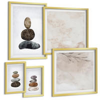 BILDER SET 5er Set - 50x50 cm & 20x30 cm & 40x60 cm Goldrahmen - Steinstapel-Boho-Malerei - Goldfarben, Kunststoff (40/60cm) - TULUP