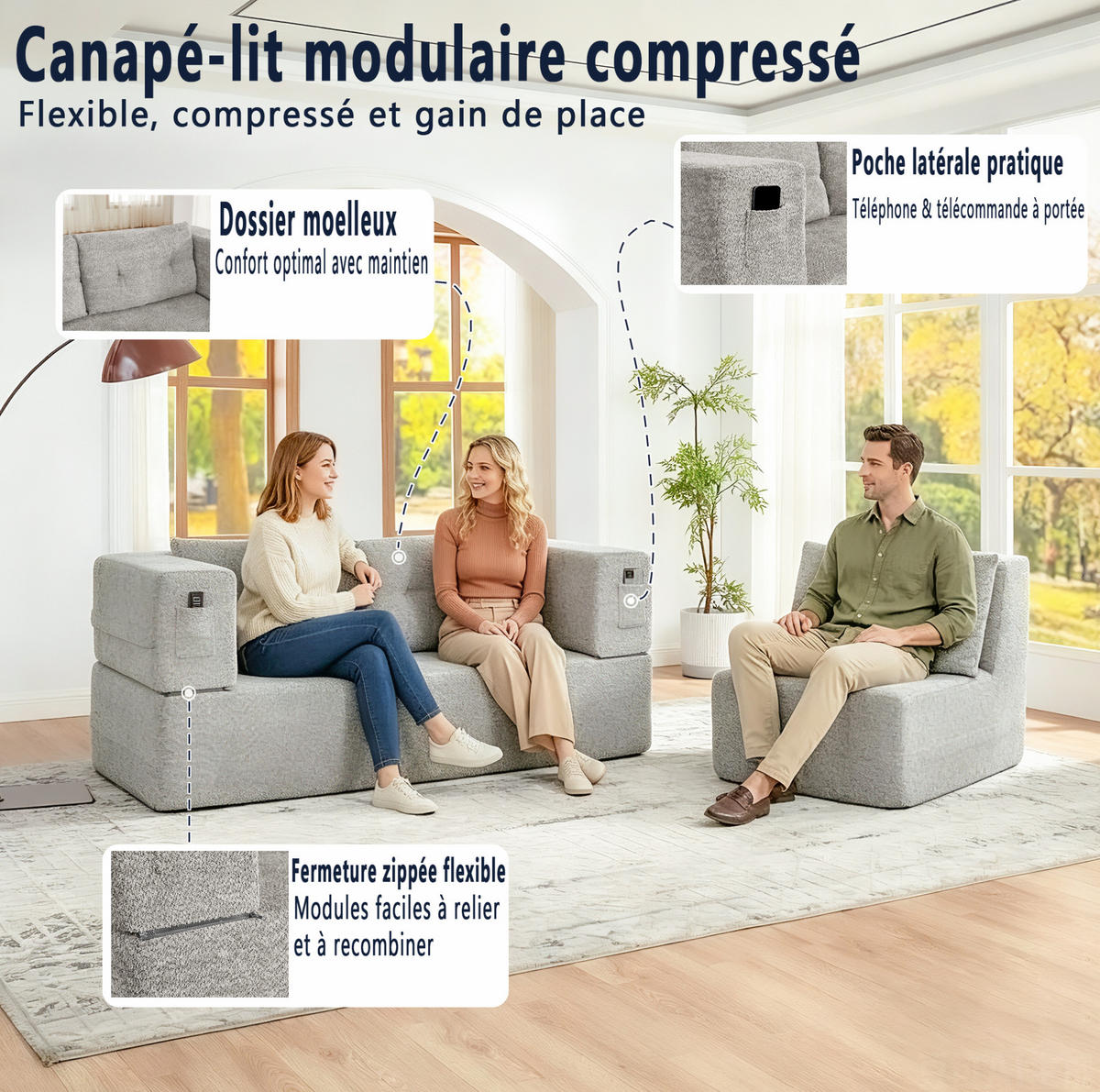 SCHLAFSOFA klappbar als 2-in-1 Modulsystem mit Sessel, Memory-Schaum und Seitentaschen, Hellgrau - Hellgrau, Textil (199/39/194cm) - Redom