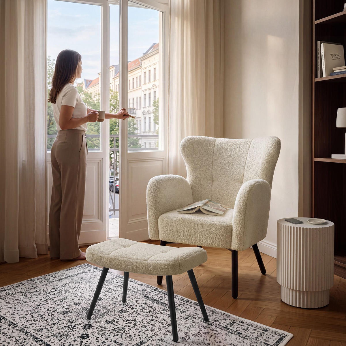 SESSEL MIT HOCKER Vänersborg, Belastbarkeit 120 kg, Bouclé creme/schwarz - Creme/Schwarz, Kunststoff (72/92/71cm) - tectake