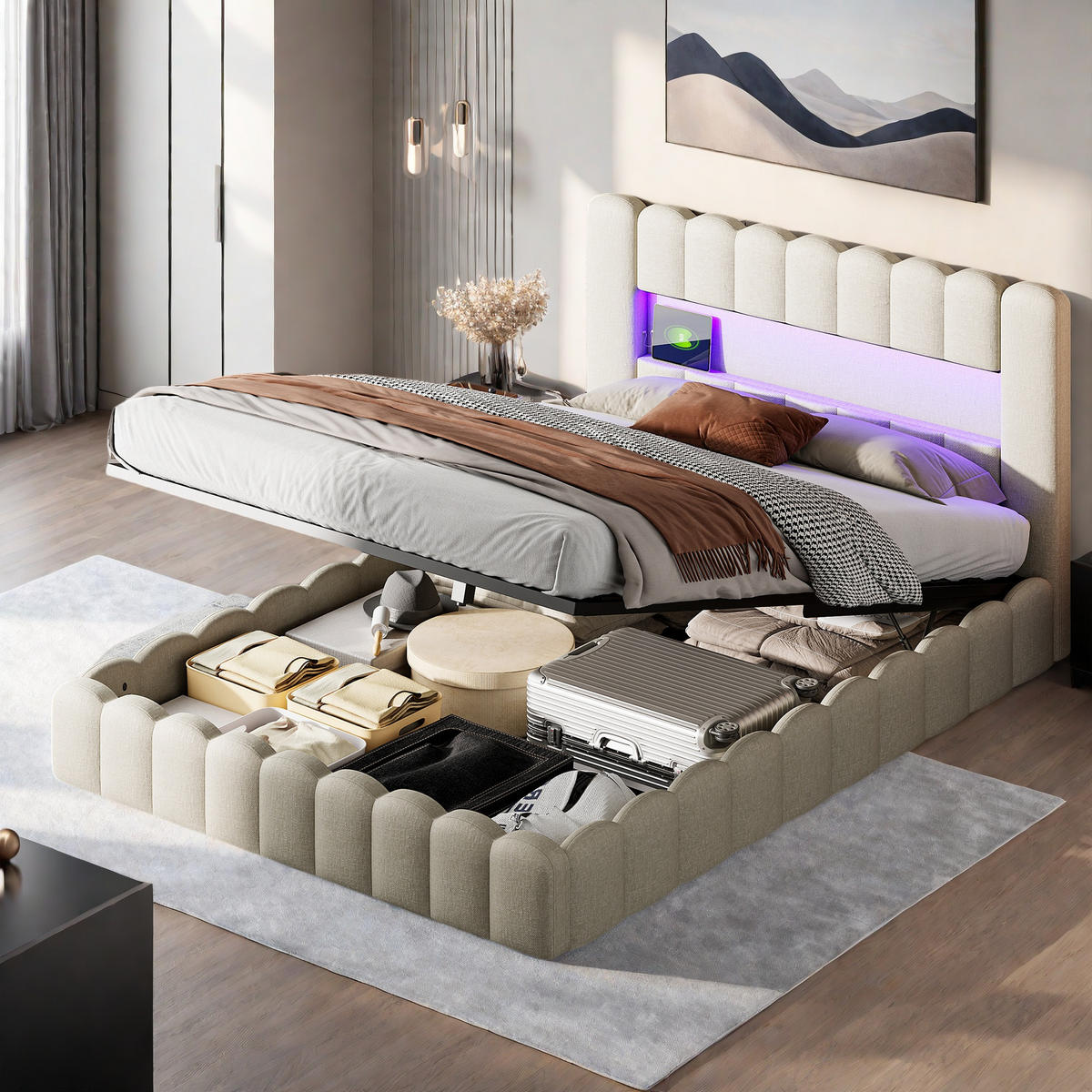 KLÄDD säng 160x200 cm Beige LED USB-förvaring Linne - Beige, Metall (160/200cm) - SHOPENTRA
