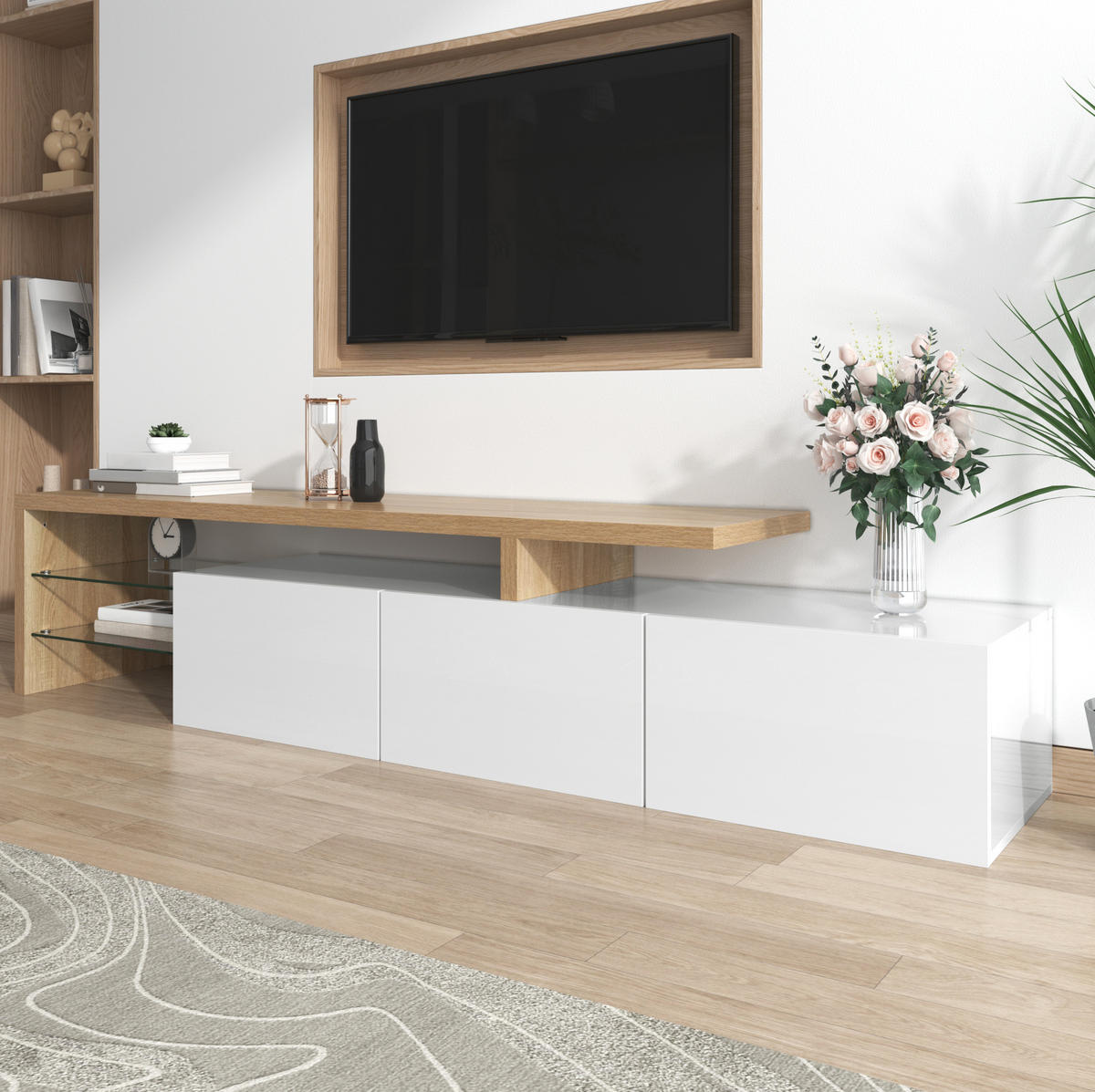 TV-ELEMENT mit LED 197,5 x 39 x 42 cm Weiß Holzoptik - Weiß, Glas (39/42/197.5cm) - Beauniv