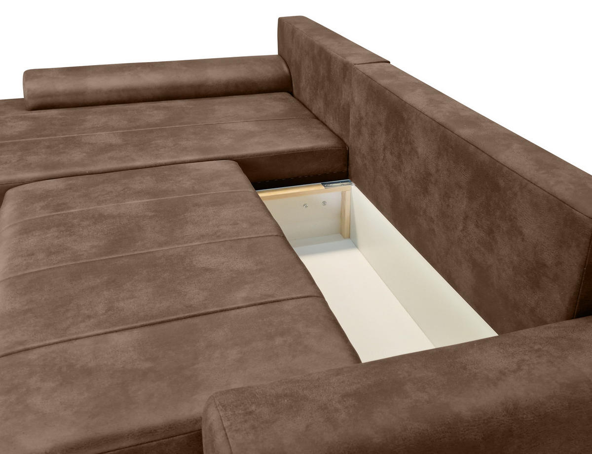 ECKSOFA mit Schlaffunktion, Bettkasten, Wellenunterfederung, Ottomane links B266/T186/H90 cm, Mikrofaser Leder-Optik Vintage Braun / 18014 - Schwarz/Braun, Kunststoff/Textil (266/186cm) - luma-home