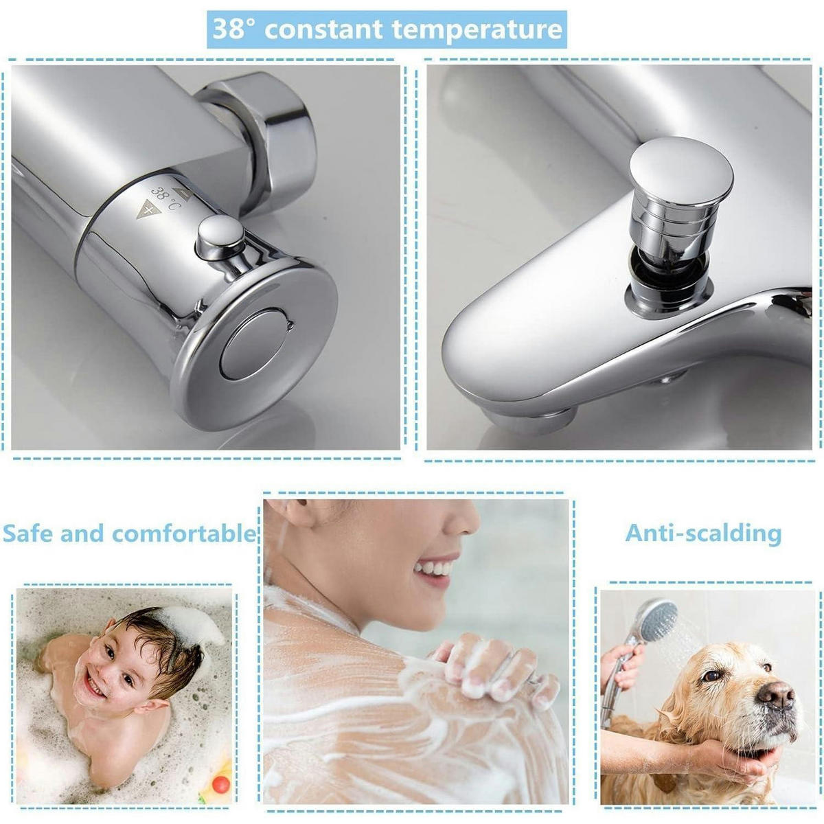 BADEWANNENARMATUR Thermostat Messing Chrom mit 38° Sicherheitstaste für Wandmontage - Silberfarben, Metall (15/10/25.5cm)