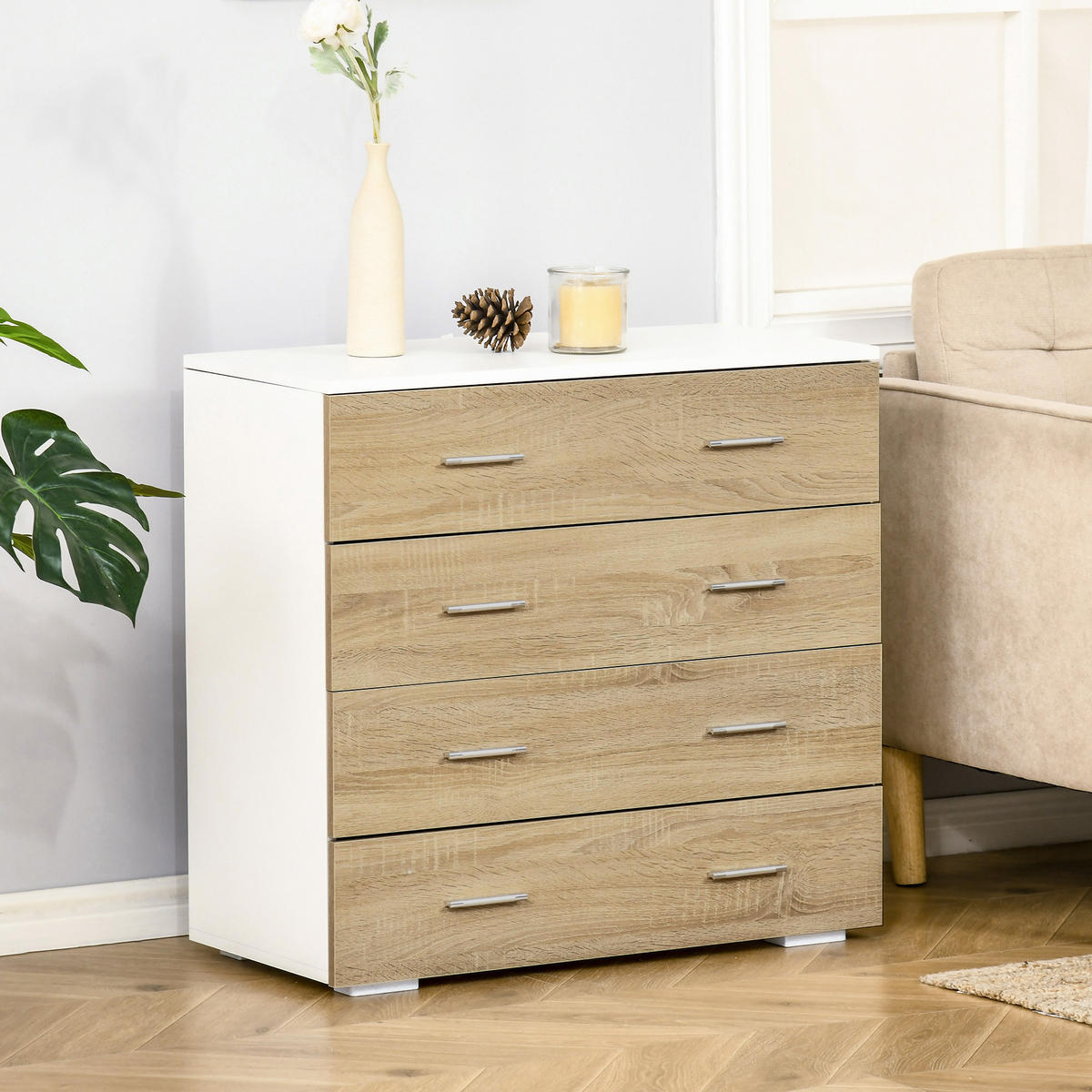 KOMOODE DE-12780 4 Schubladen, zeitgenössisch Eiche hell - Eichefarben, Holzwerkstoff (76/72/35cm) - ComfortXL